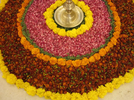 Flowers around altar for Pongal festival