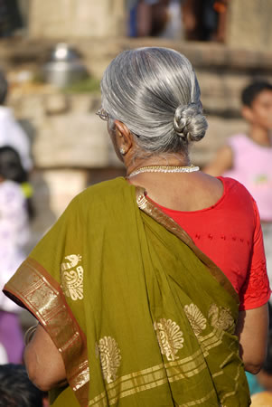 Woman with silver hair at festival